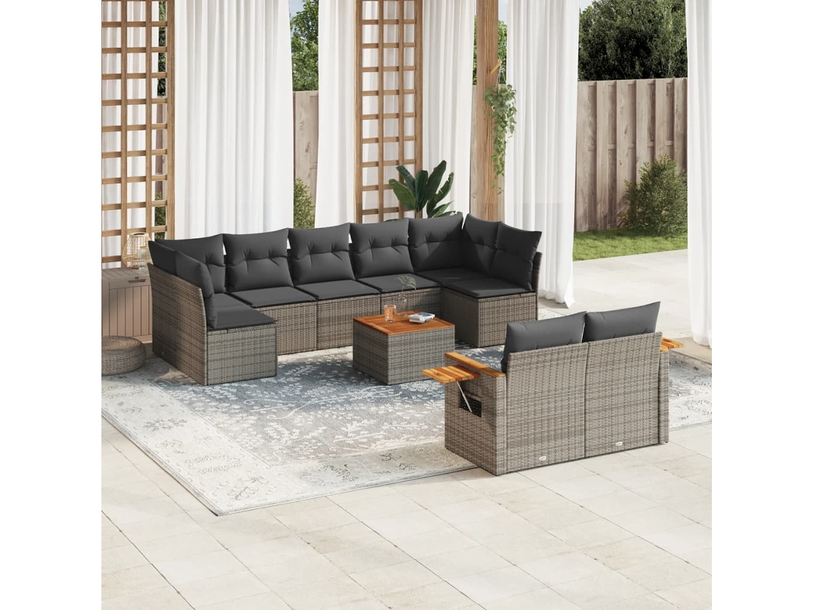 Vidaxl 10 Pcs Conjunto Sofás De Jardim C/ Almofadões Vime Pe Cinzento