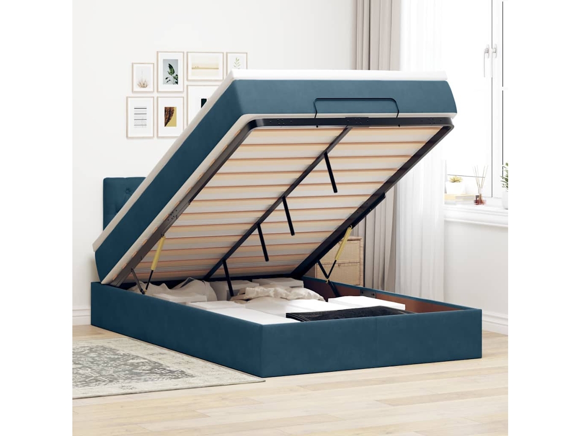 Vidaxl Cama Otomana Com Colchão 120x190 Cm Veludo Azul-escuro