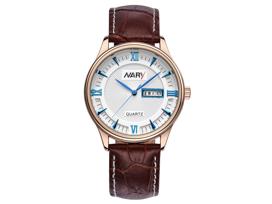 Relógio de pulso masculino com calendário, mostrador redondo e pulseira de couro marrom.