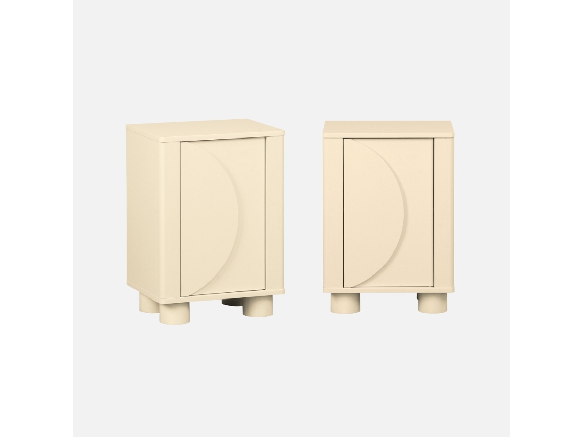Set De 2 Mesa De Cabeceira Efeito Madeira De Manga, 1 Porta, Beige
