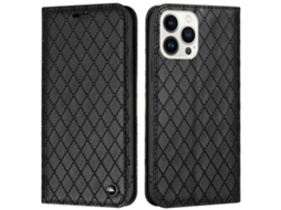 Capa Quedas Textura Lichia Para Iphone 14 Pro Pele Sintética Resistente Magnética Preto