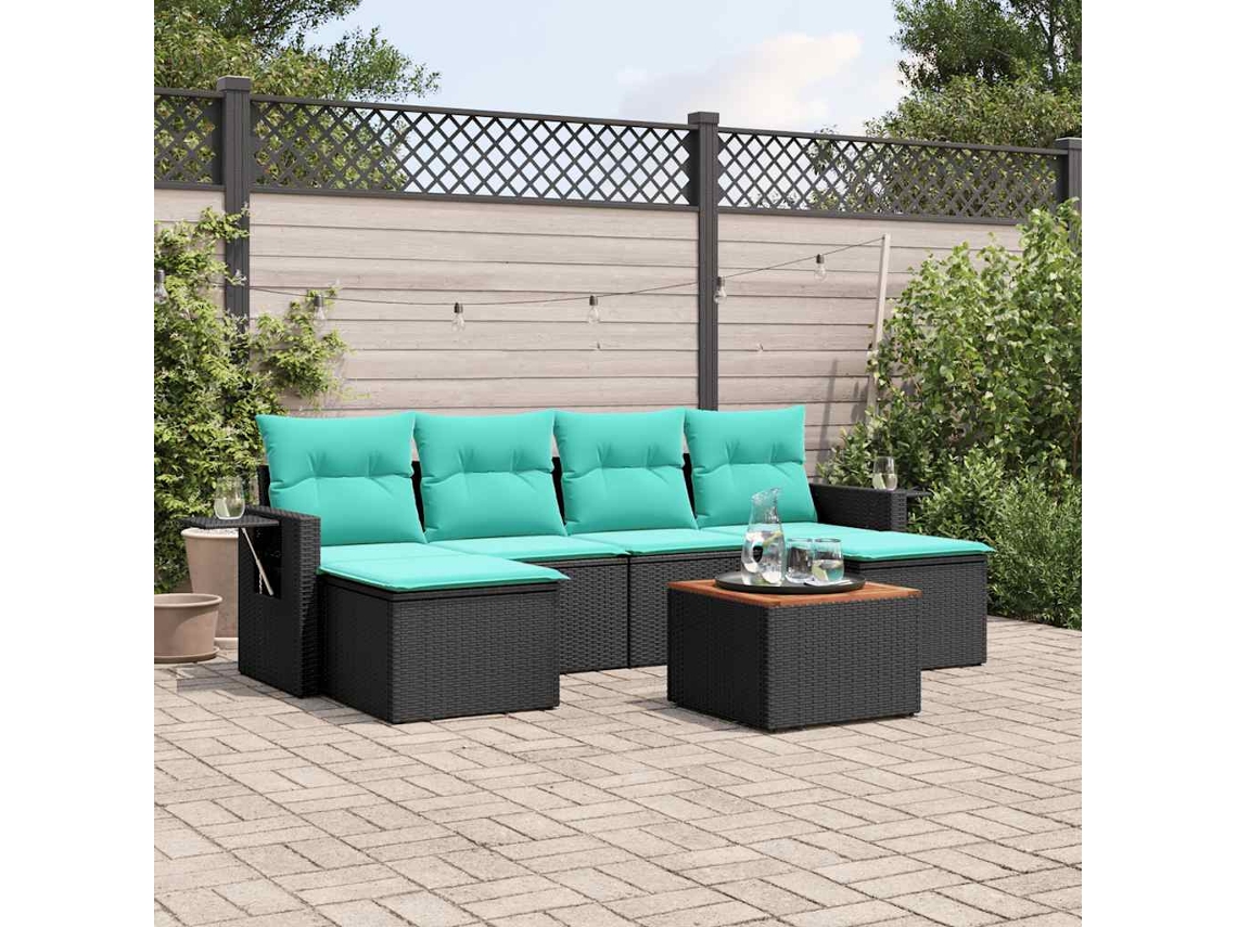 Vidaxl Conjunto De Sofá De Jardim Com 7 Peças E Almofadas Em Rattan Sintético Preto