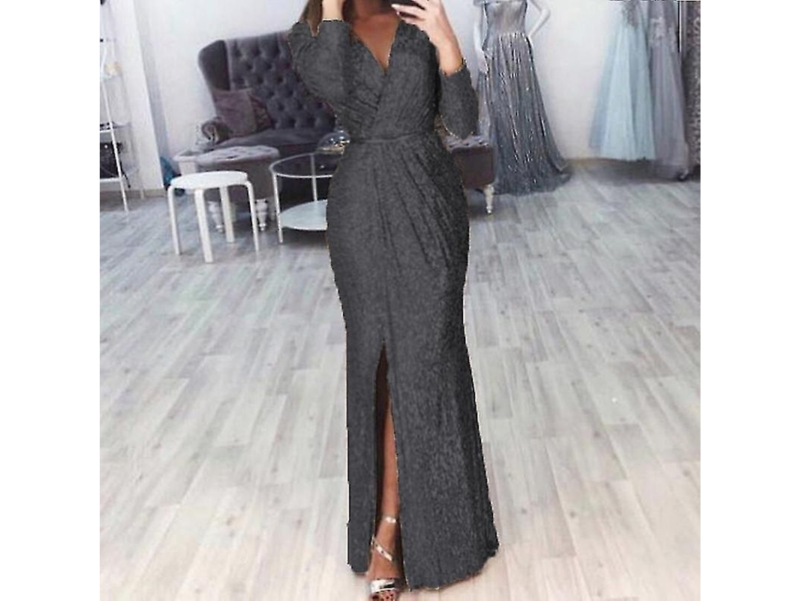 2026 vestido Largo de Paillettes com Decote em V Profundo e Entalhe Lateral para Festa e Ocasiões Especiais M Negro