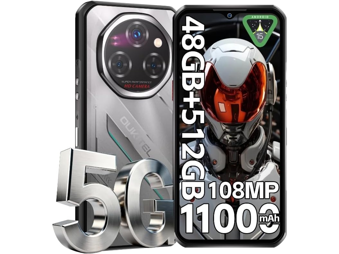 Smartphone Robuste 5g Oukitel Wp62 48gb 512gb 11000mah Android 15 6.6 120hz 108mp Nfc Prata