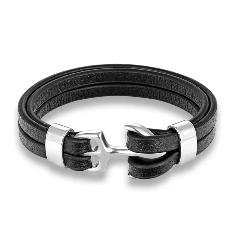 Pulseira Masculina em Couro Genuíno com Pingente de Âncora e Fecho em Aço Inoxidável. MDUG