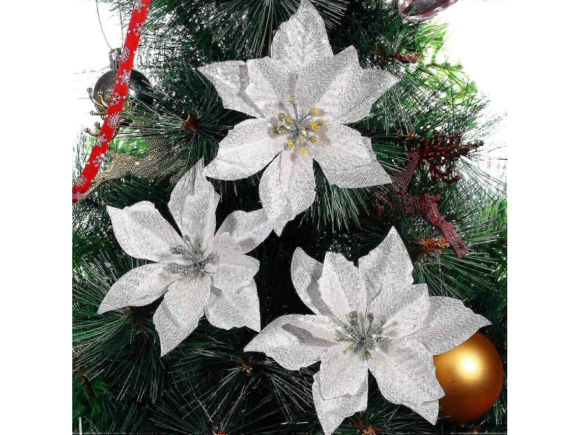 Pacote Com 50 Enfeites De Natal De Poinsétia Com Glitter Prateado Decorações Festivas Para Casa E Árvore Olysi Shop