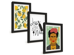 Quadros Decorativos Para Parede Limões, Vinho, Retrato De Frida Moldura Preta Quadros Para O Escritório Espelharte (3 Peças 20x30 Cm)