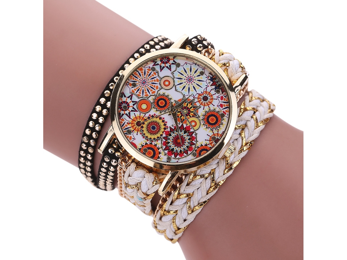 Relógio Pulseira de Mulher com Mostrador Floral e Pulseira Trançada Múltiplas Camadas em Liga