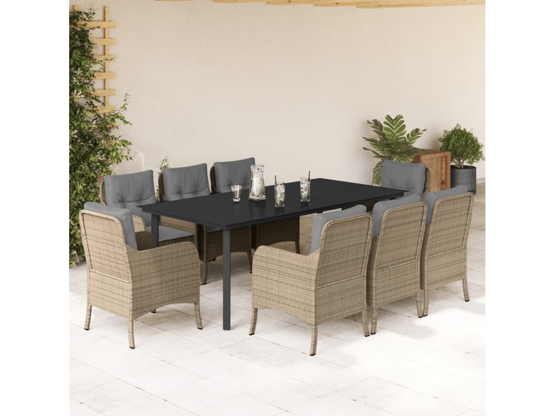 Vidaxl 9 Pcs Conjunto De Jantar P/ Jardim Com Almofadões Vime Pe Bege