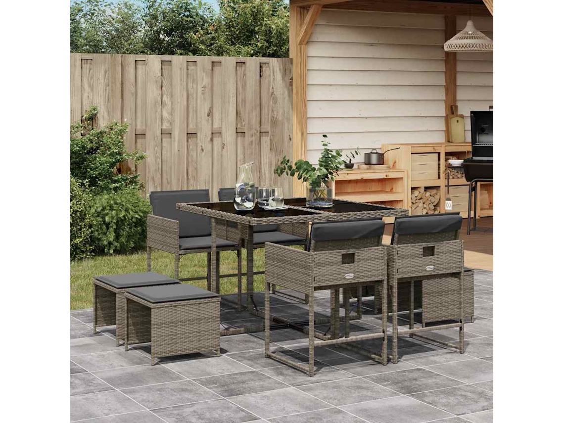 Vidaxl 9 Pcs Conjunto De Jantar P/ Jardim C/ Almofadões Vime Pe Cinza