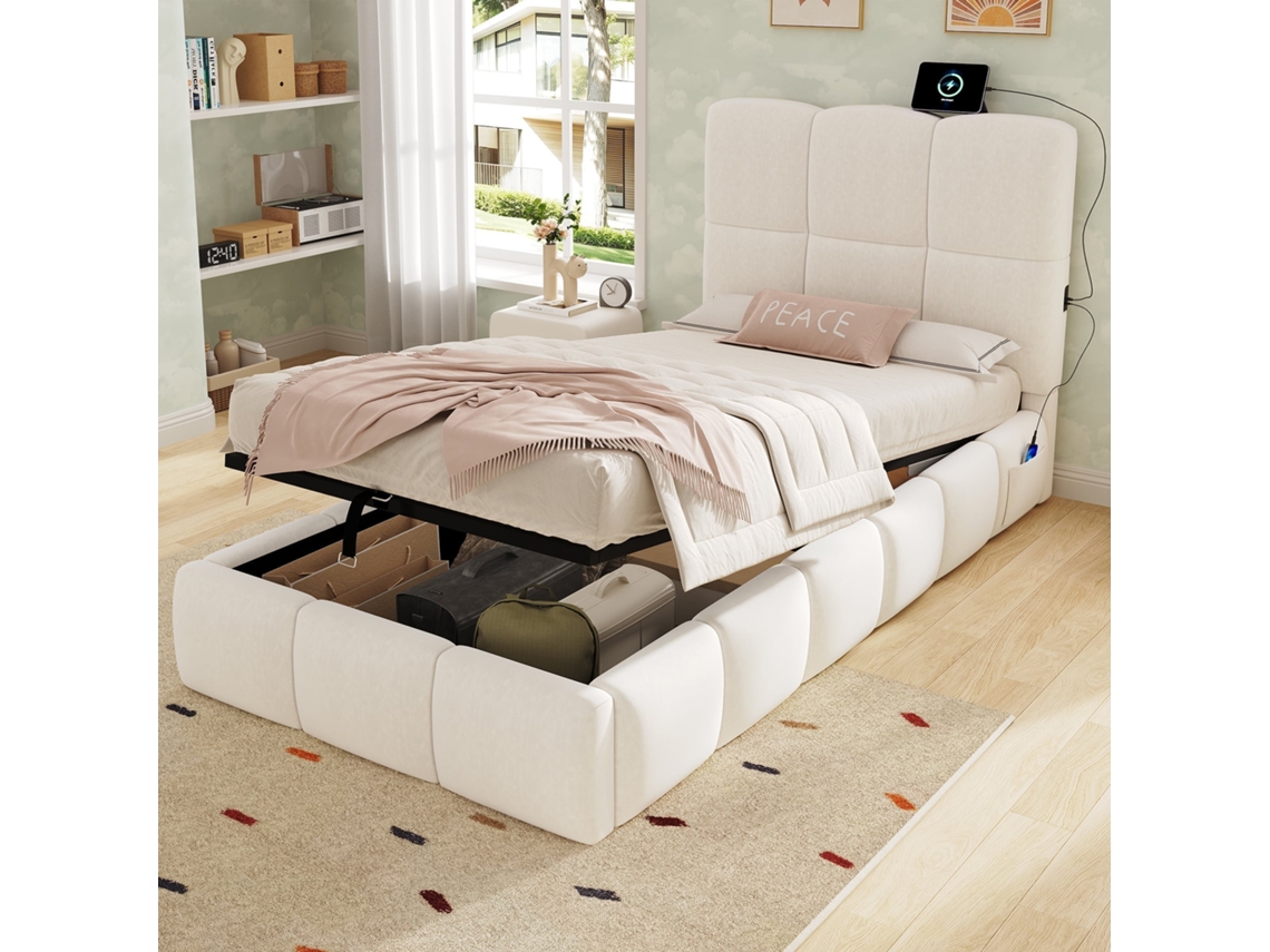 Cama Estofada 90x200 Cm Hidráulica, Base Colchão, Cabeceira Acolchoada, Arrumação, Usb Bege NOVELA