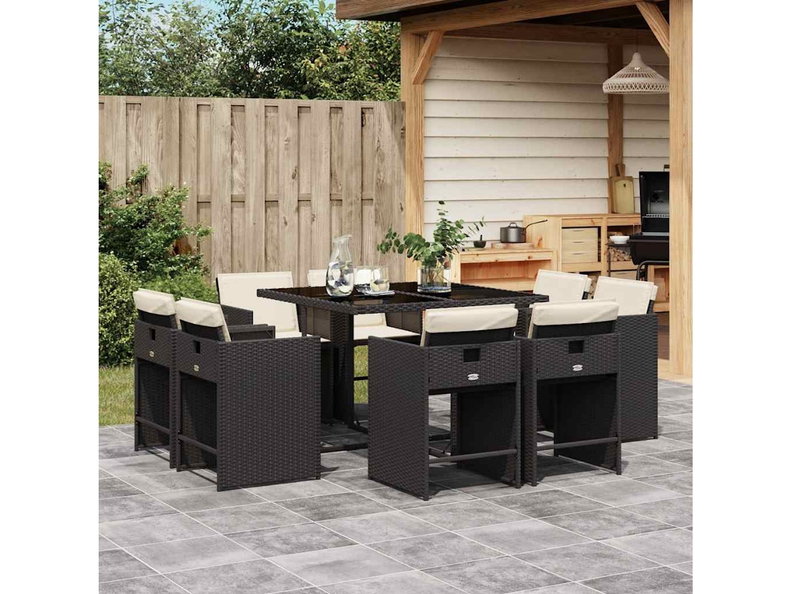 Vidaxl 9 Pcs Conjunto De Jantar P/ Jardim C/ Almofadões Vime Pe Preto