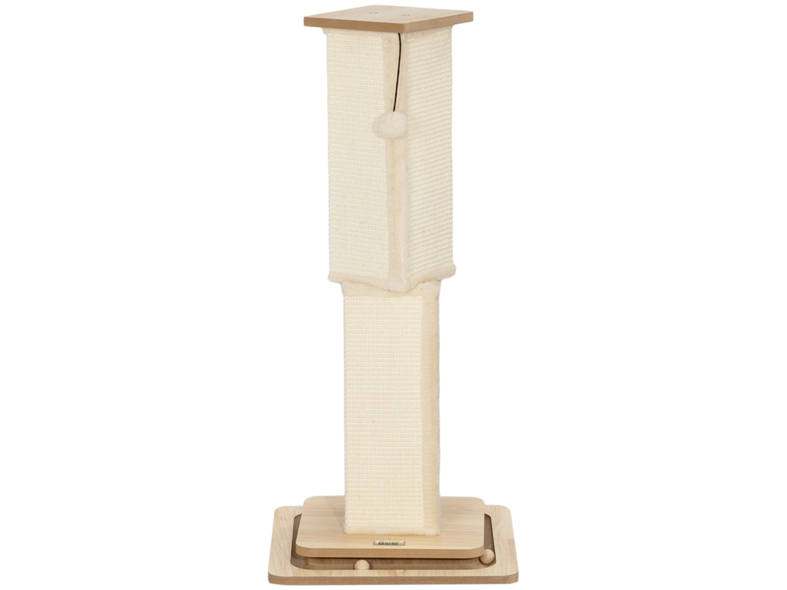Poste Arranhador 87 Cm Com Bola Suspensa Trilho Com E De Sisal Bege E Madeira