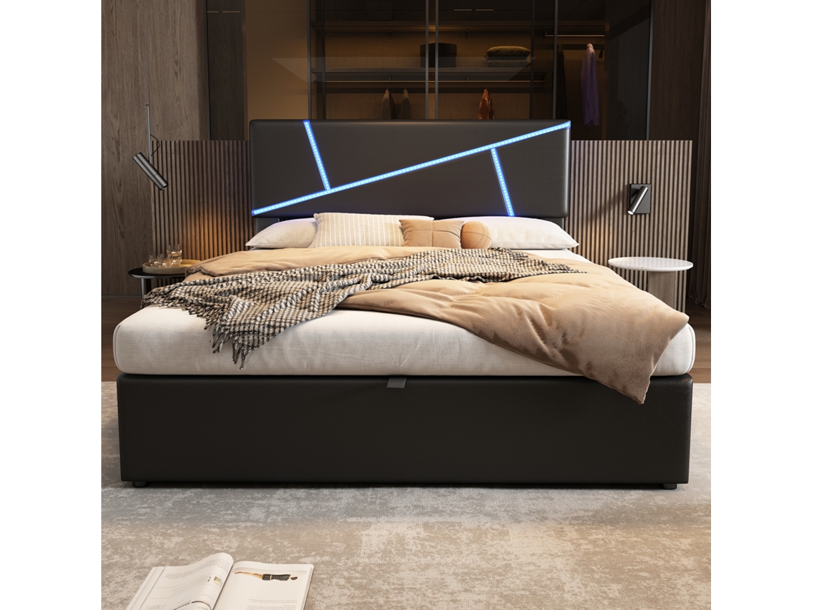 Cama Casal Estofada 140x200 Cm Com Led, Estrado De Ripas, Cabeceira, Arrumação Hidráulica E Revestimento Pu Preto