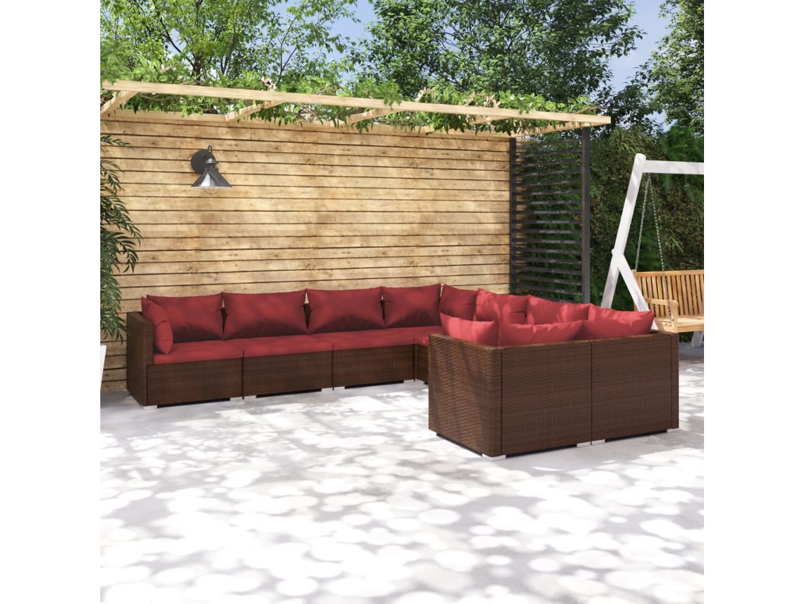 Vidaxl 8 Pcs Conjunto Lounge Jardim C/ Almofadões Vime Pe Castanho
