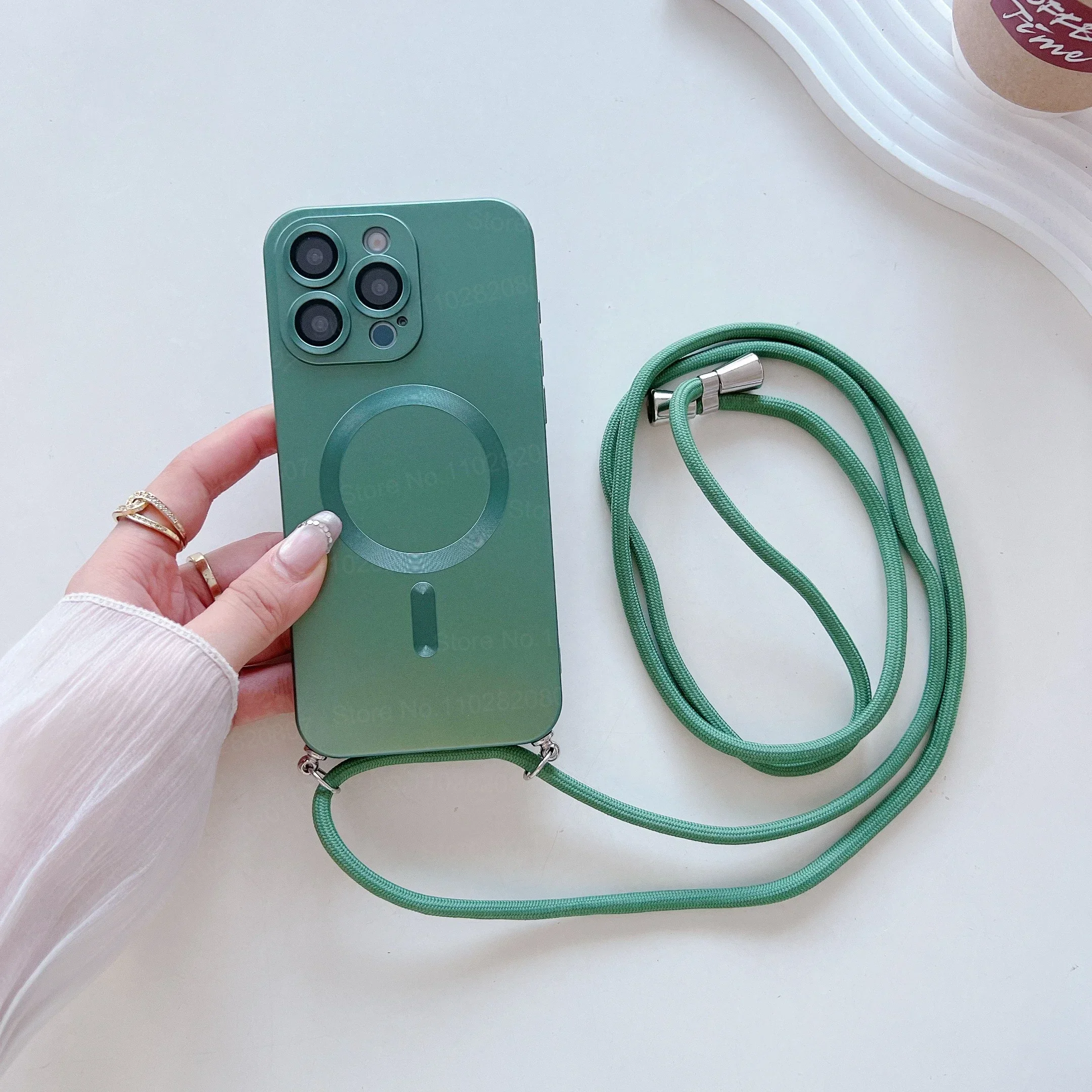 (verde, Iphone 12 Pro) Capa Magnética Para Celular Com Alça Transversal E Cordão Fosco Resistente A Impactos.