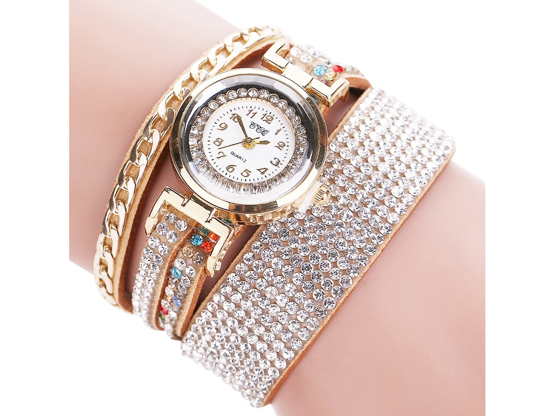 Relógio de Pulso Feminino Quartz com Strass Camurça Multicamada Moda (creme)