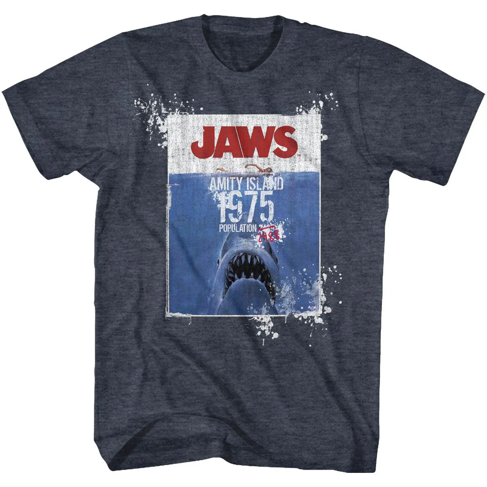 Unisex Adult T-shirt Rockinstone Jaws Movie Population Heather Navy Sizes