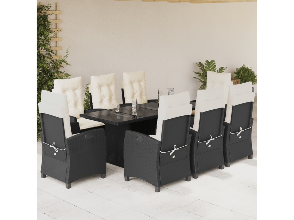Vidaxl 9 Pcs Conjunto De Jantar P/ Jardim C/ Almofadões Vime Pe Preto