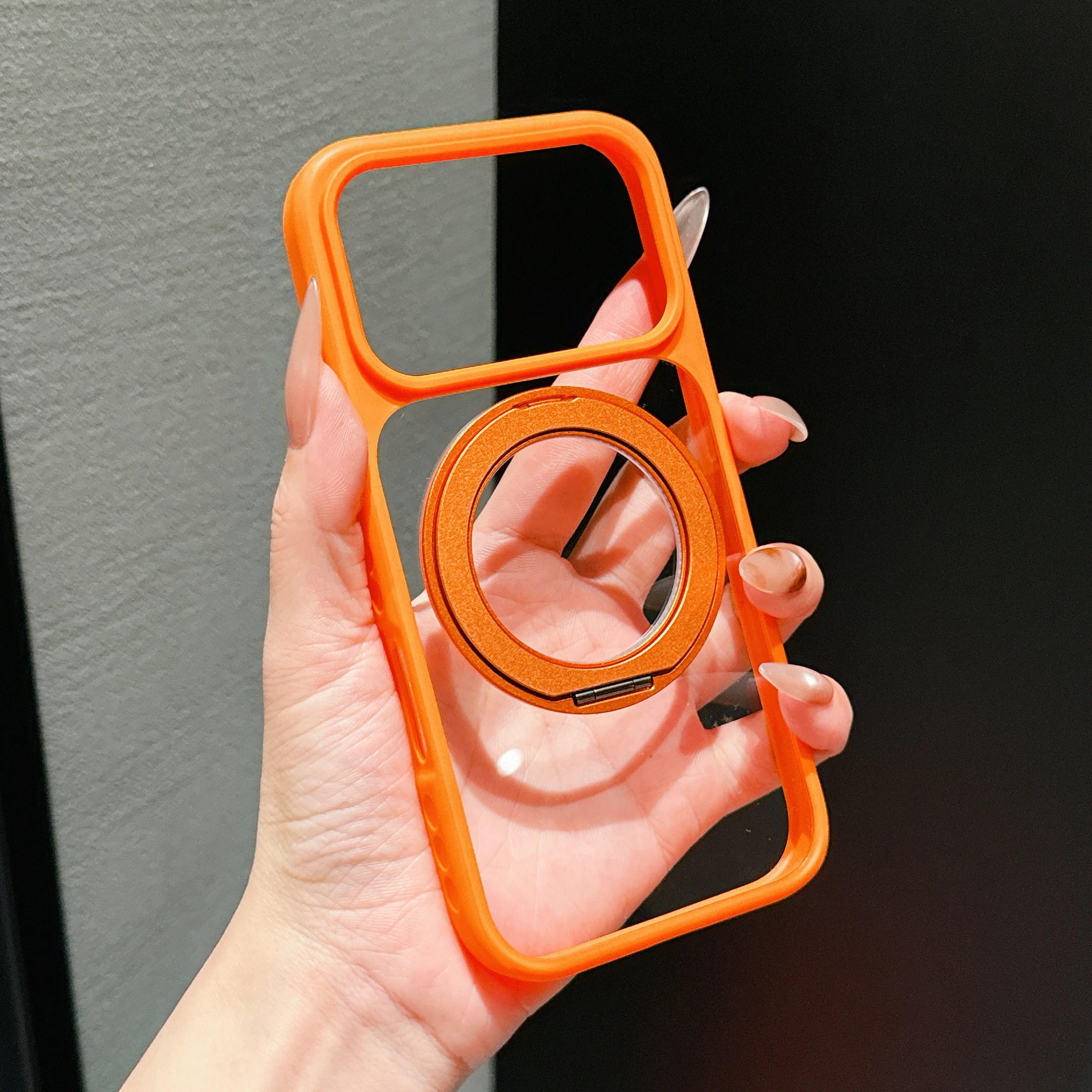 Capa Para Celular Veicular (iphone 17 Pro Max Laranja) Com Suporte De Anel Giratório 360° E Sistema Magnético.