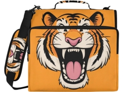Organizador de Arquivos com 3 Argolas, Alça de Ombro e Diversas Bolsas, com Estampa de Tigre Sorridente e Divertida, Ideal para Arquivos.