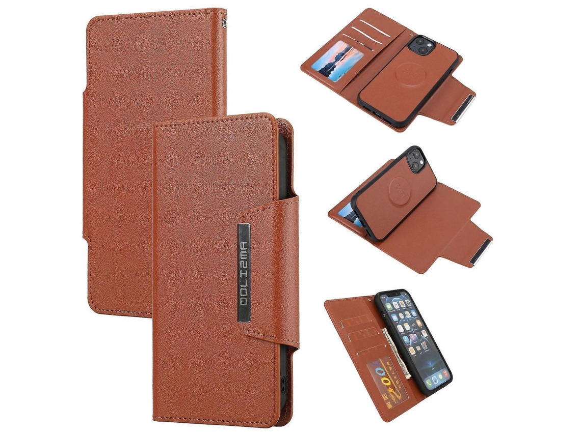 Capa De Couro Magnética Separável Para Iphone 14 Plus, Marrom