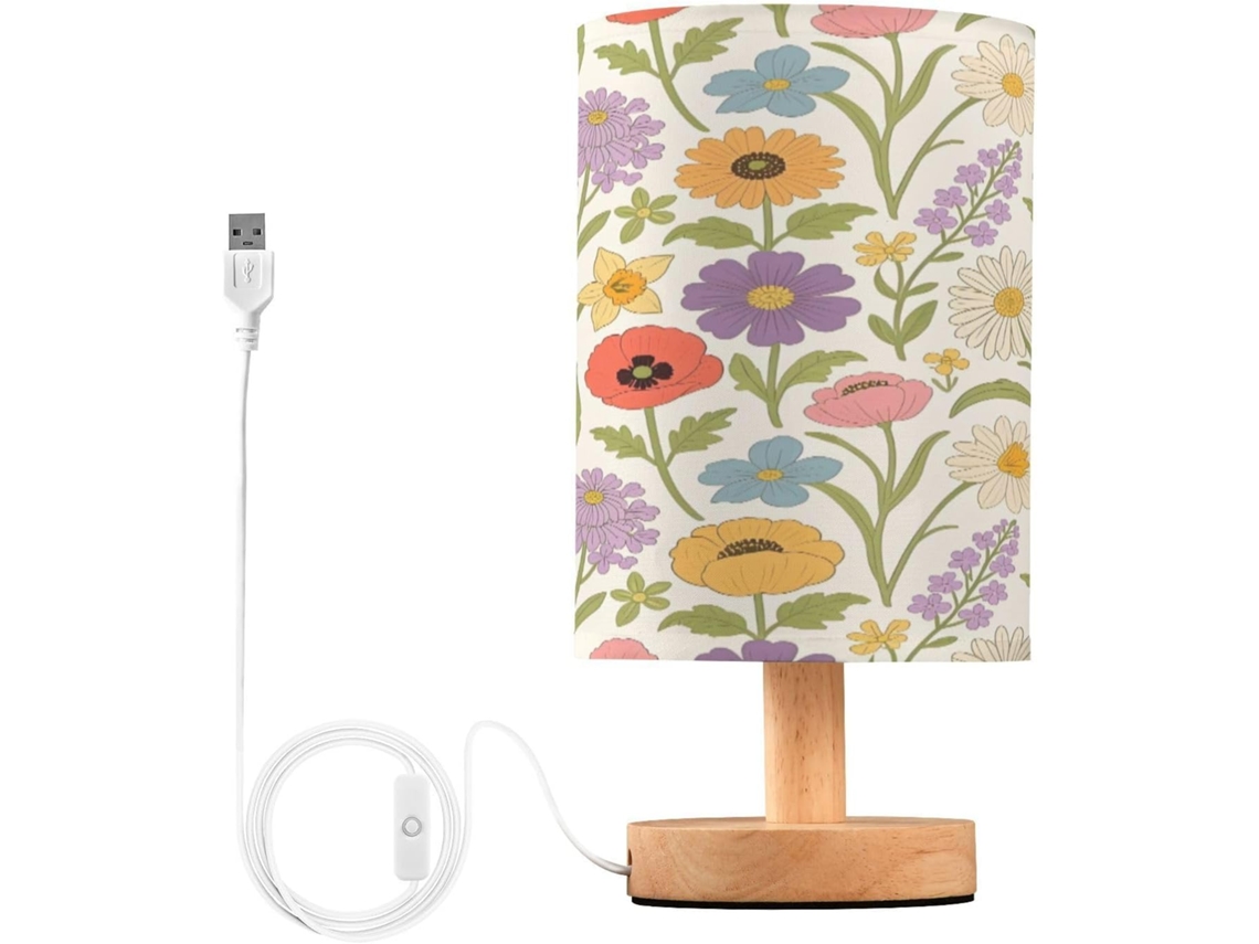 Abajur De Cabeceira Wildflowers Para Quarto, Com Portas De Carregaje USB C, Luminária De Leitura Led, Base De Madeira