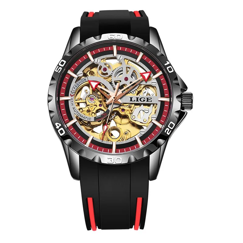 Relógio Mecânico Automático Esqueleto Elegante (preto E Vermelho), Relógio De Pulso Luminoso À Prova D'água Para Uso Casual E Profissional.