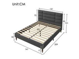 Cama De Casal Estofada De 140x200 Cm Com Estrado De Ripas E Cabeceira, Tecido De Linho Cinza Escuro, Para Adultos E Adolescentes, Colchão Incluído.