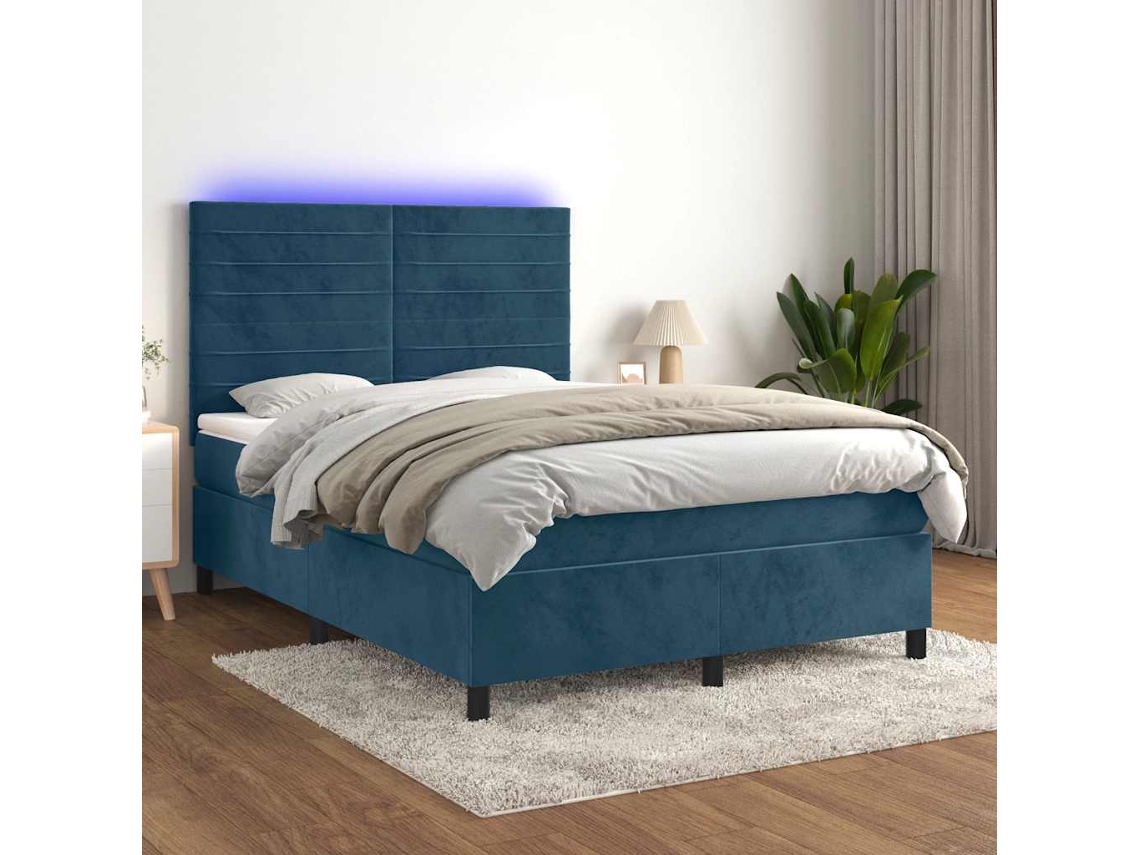 Vidaxl Cama Box Spring C/ Colchão/led 140x190 Cm Veludo Azul-escuro