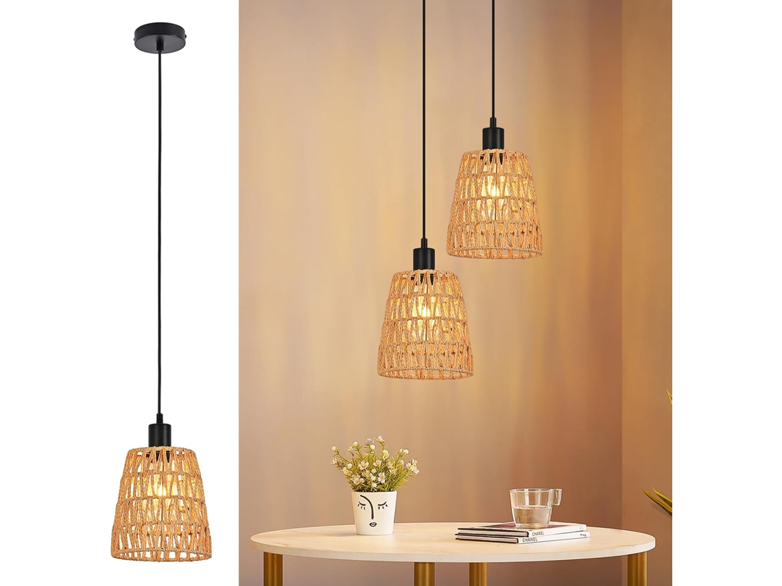 Luminária pendente NETTLIFE Boho Rattan com 1 lâmpada E27, cabo de vime vintage e acabamento brilhante para sala de estar e varanda (sem lâmpada)