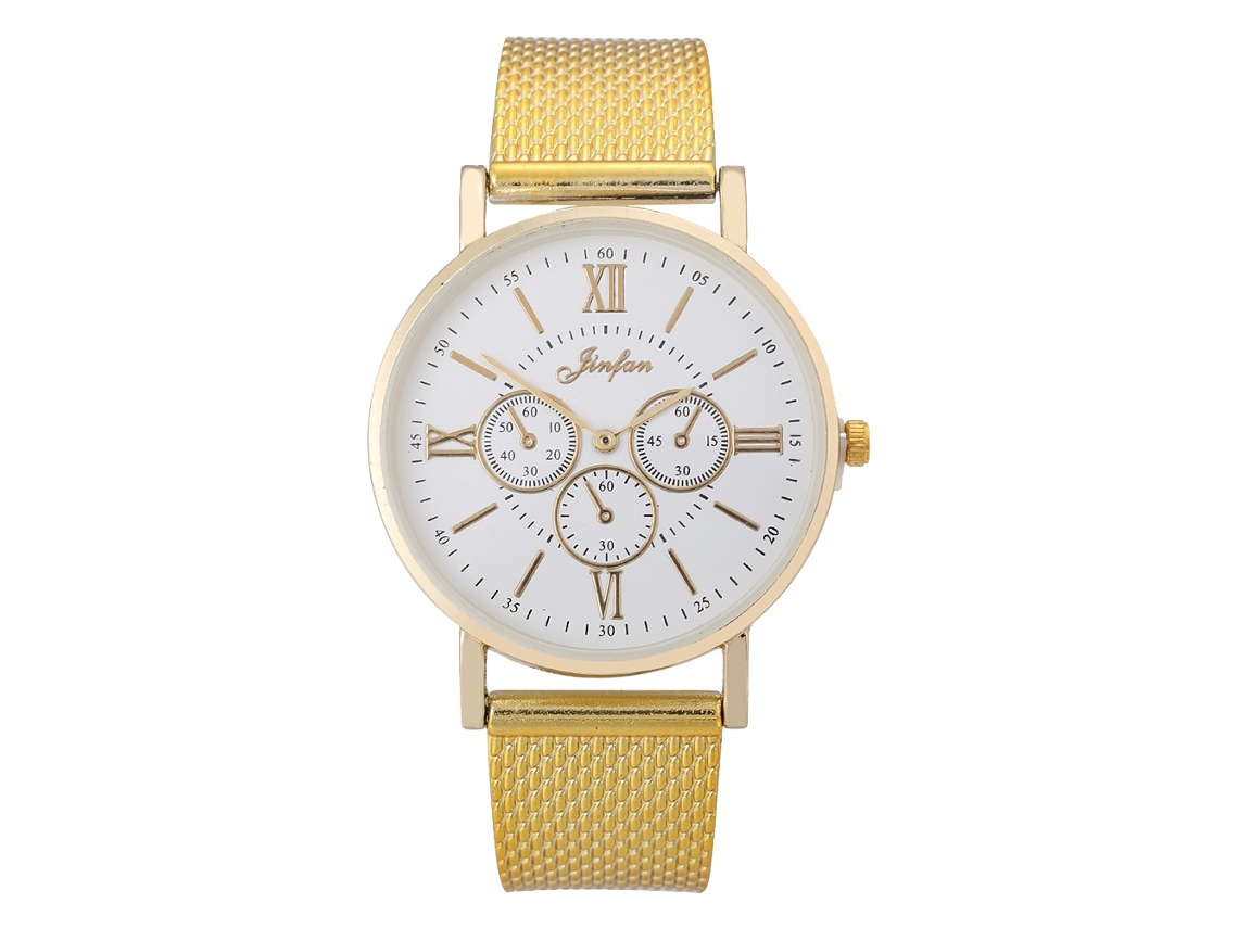 Relógio de Pulso Feminino de Quartzo com Pulseira de Silicone Redonda Dourado Números Romanos