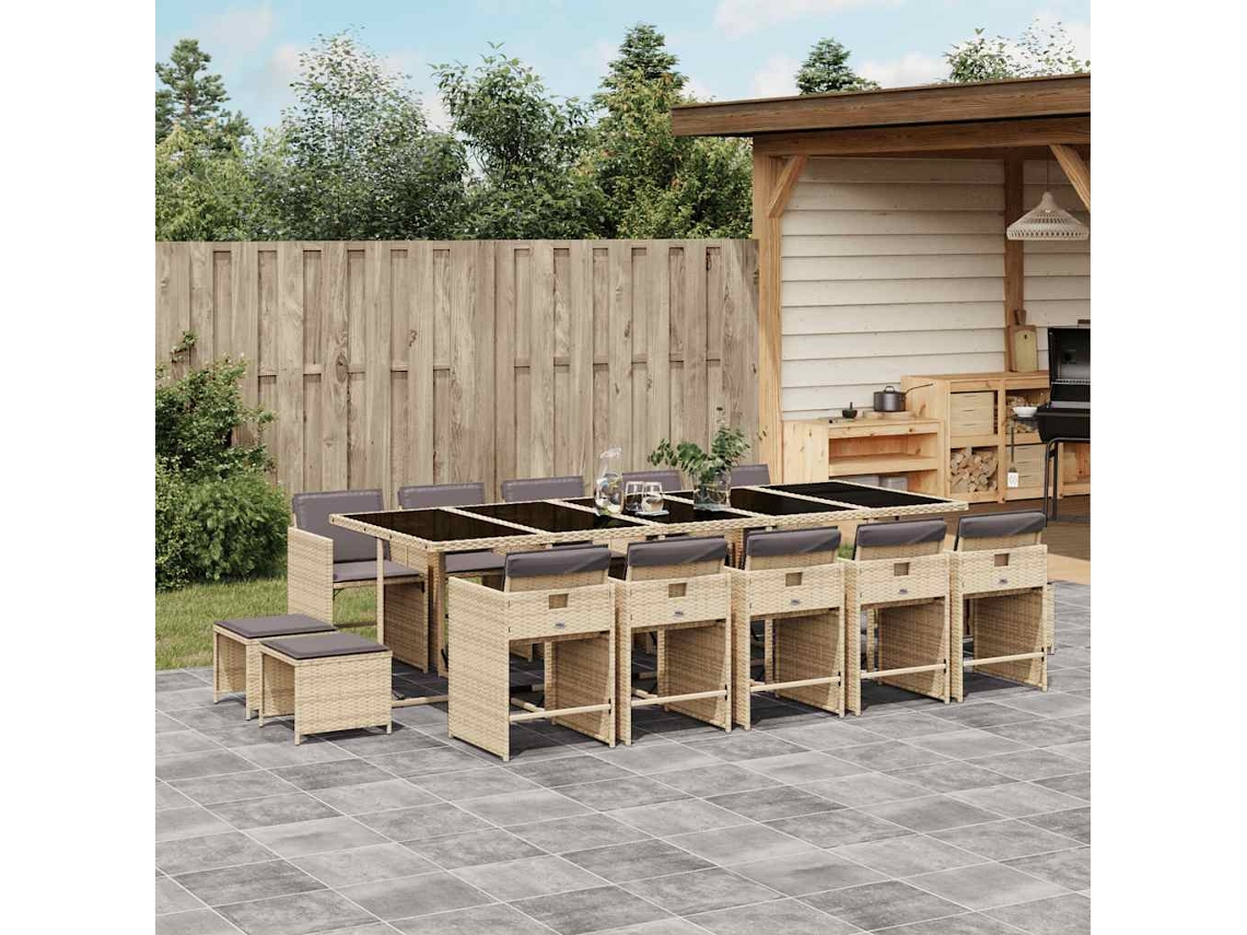 Vidaxl 15 Pcs Conj. Jantar Jardim C/ Almofadões Vime Pe Bege Misturado