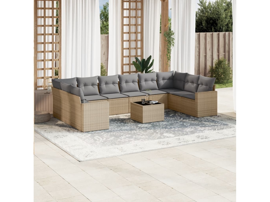 Vidaxl 11 Pcs Conjunto Sofás De Jardim C/ Almofadões Vime Pe Bege