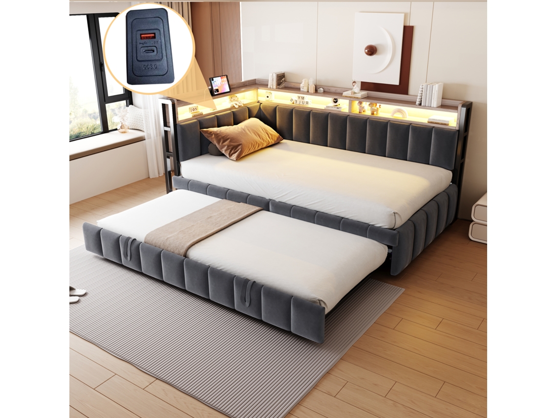 Poltrona-cama 90x200cm Com Cama Extra, Luzes Led, Nichos E Portas Usb/tipo C. Sofá-cama Individual Em Veludo Cinza Escuro.