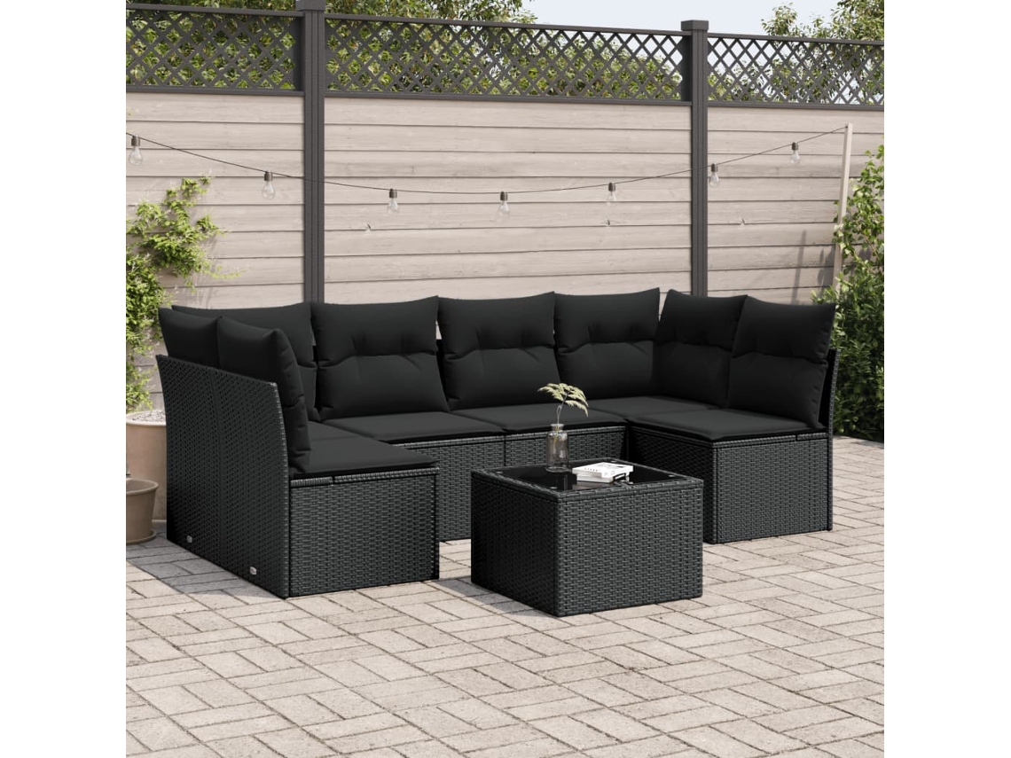 Jogo de Sofá 7 Peças P/ Jardim C/ Almofadões Vime Pe Preto Dkd Home Decor