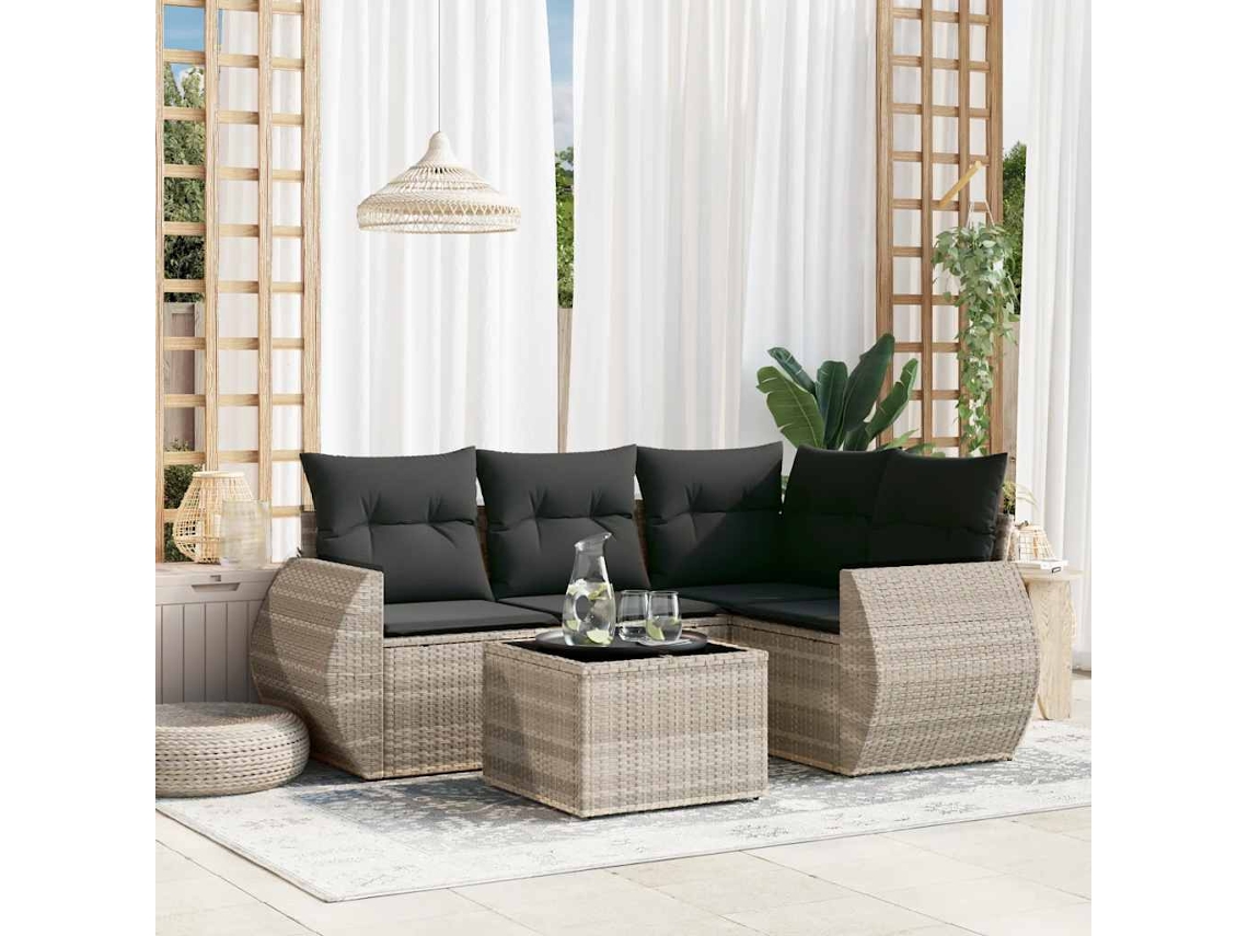 Vidaxl 5 Pcs Conj. Sofás Jardim C/ Almofadões Vime Pe Cinzento-claro
