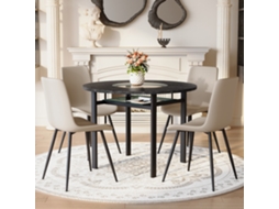 Conjunto Mesa Redonda 100cm, Madeira Preta, 4 Poltronas Cinza Quente Pu Almofada Alargada, Sala Estar Cs