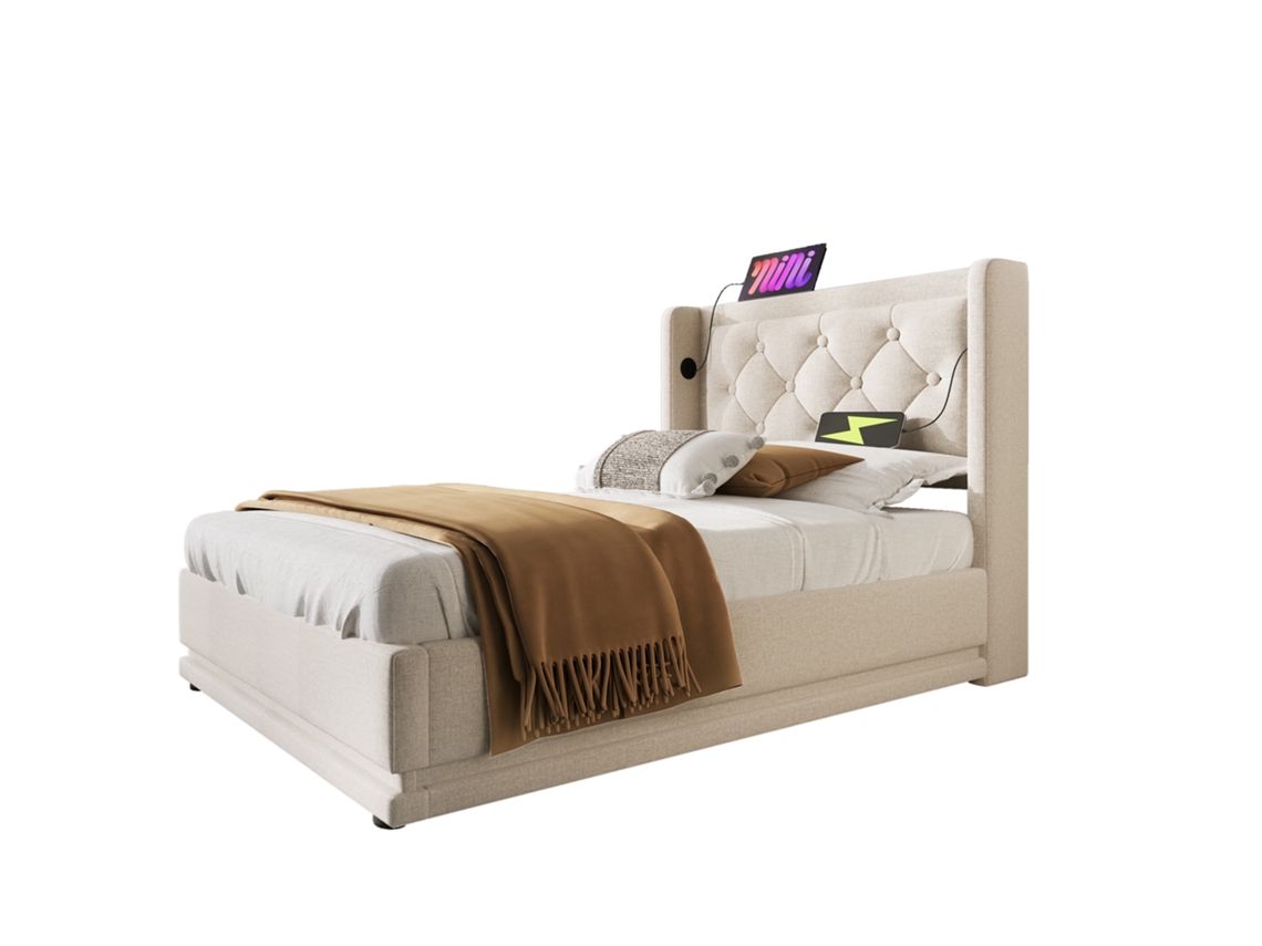 Cama Estofada 90x200 Cm Em Algodão Bege Com Arrumação Elevatória