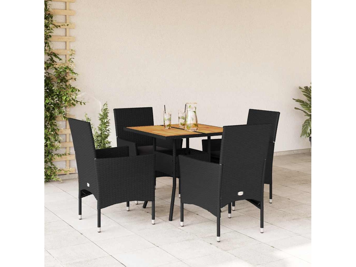 Vidaxl 5 Pcs Conjunto Jantar Jardim C/ Almofadões Vime Pe/acácia Preto