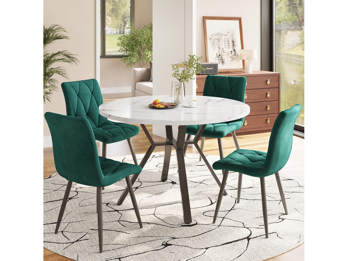 Conjunto Jantar 5p, Mesa Mármore + 4 Cadeiras Camurça Verde, Pernas Pretas.-qq