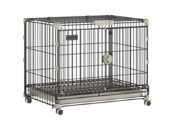 Caixa Dobrável para Cães. Bandeja Removível. Rodas com Freios. Teto Solar com Tranca. 60,5x45,5x54,5cm. Preto Ge