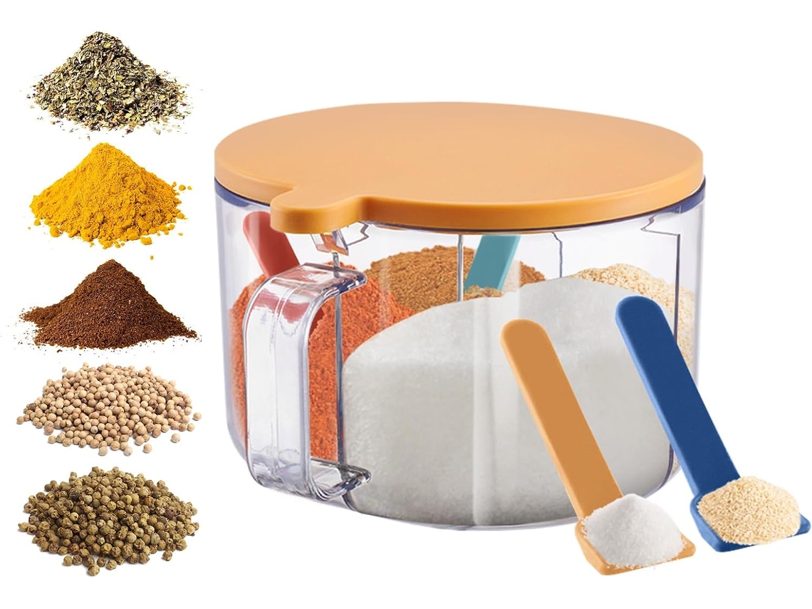 Organizador De Temperos 1 Peça 4 Compartimentos Transparente Tampa Colher Alça Cozinha