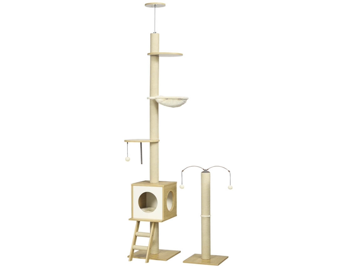 Árvore Para Gatos Do Chão Ao Teto 220-260cm Com Altura Ajustável Plataformas Rede Caverna Poste De Juta 40x40225-285cm Bege