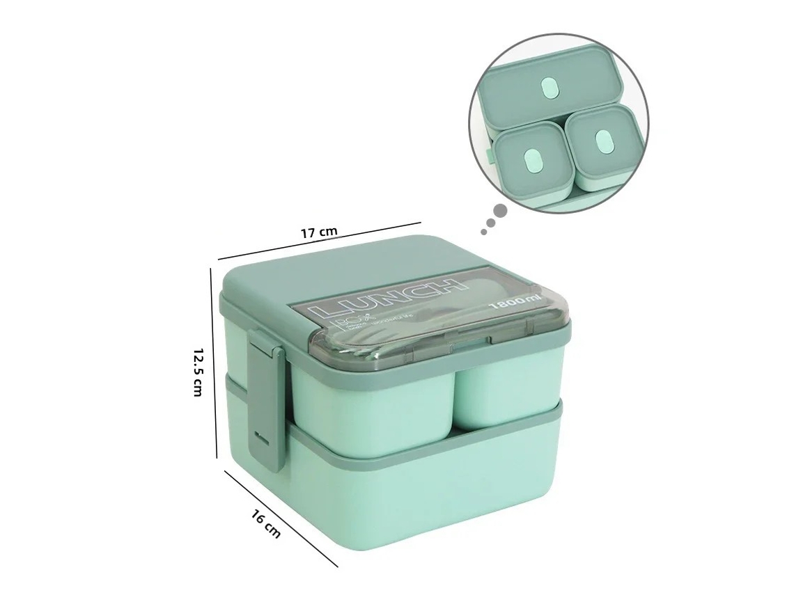 Lancheira Portátil (verde De Dupla Camada) Com Colher E Garfo, Própria Para Micro-ondas, Ecológica.