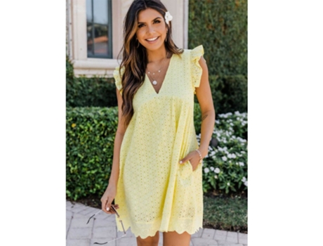 Vestido de Renda Manga Curta com Decote em V VCTEX  (Amarelo)