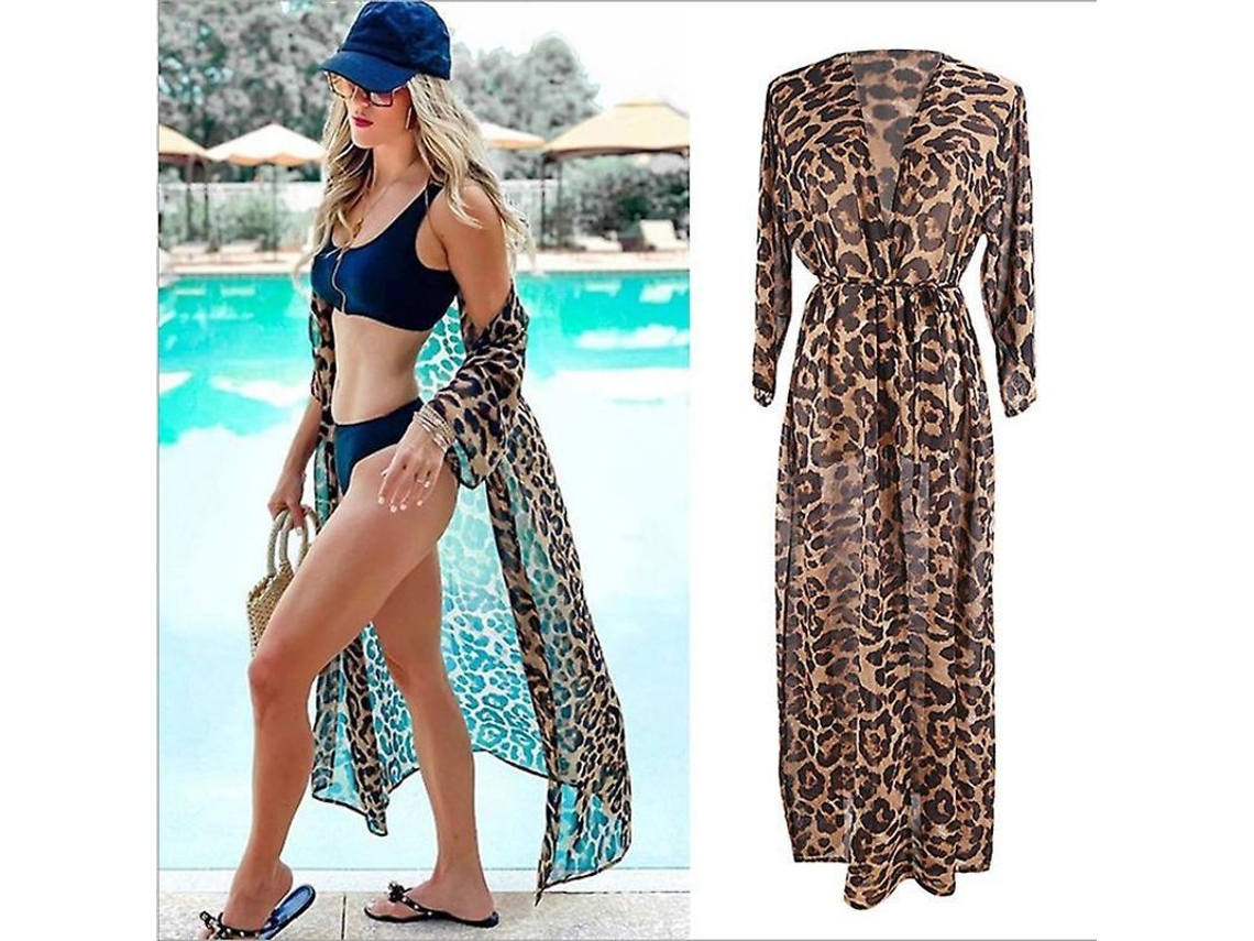 Blusa de Praia Chiffon Feminina Estampa Léopard Pontos Protetora Solar Cardigan Férias