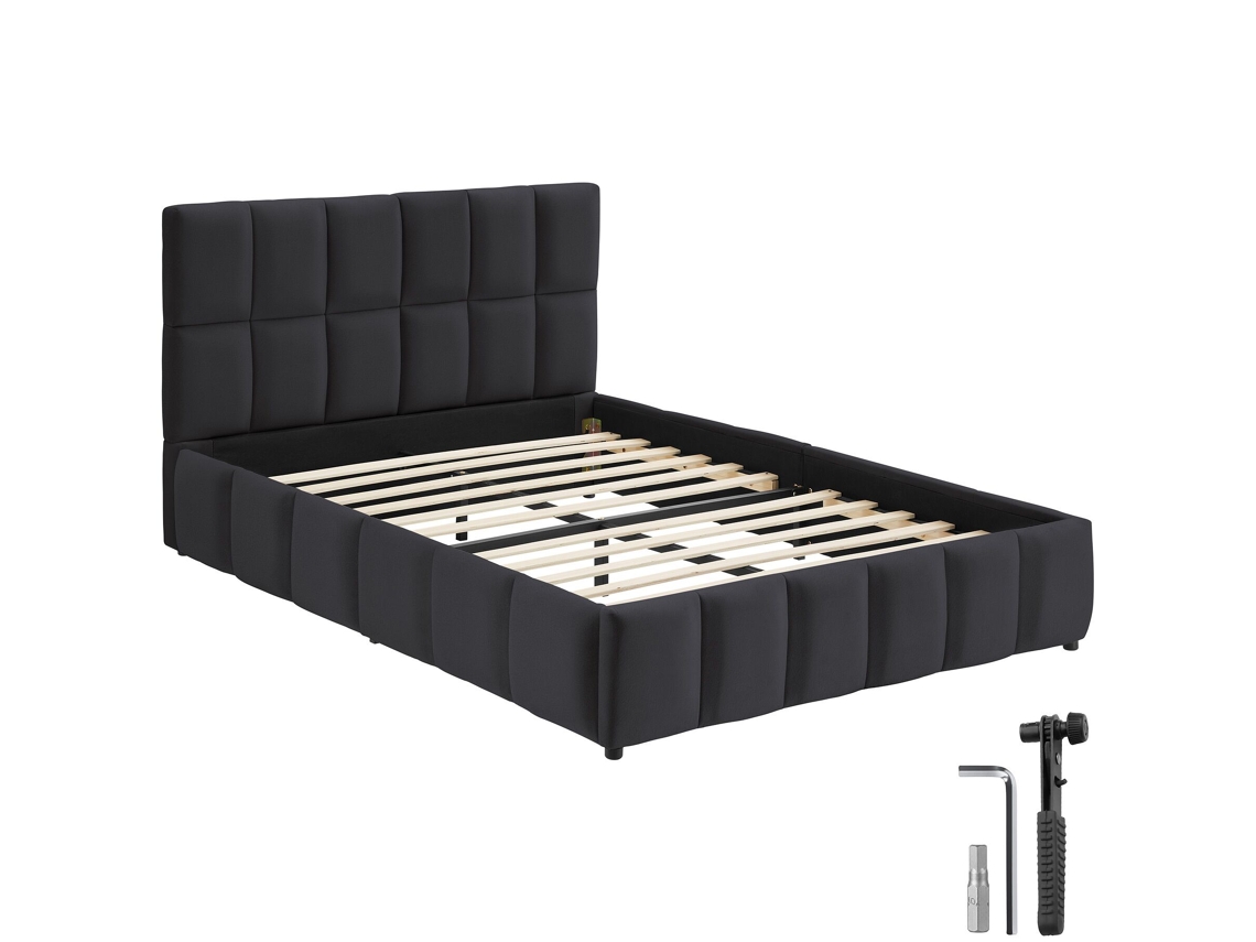 Cama Estofada Tectake Com Base Ripas, Moderna E Conforto Design, Mdf E Aço, 133x220x93cm, Veludo Preto