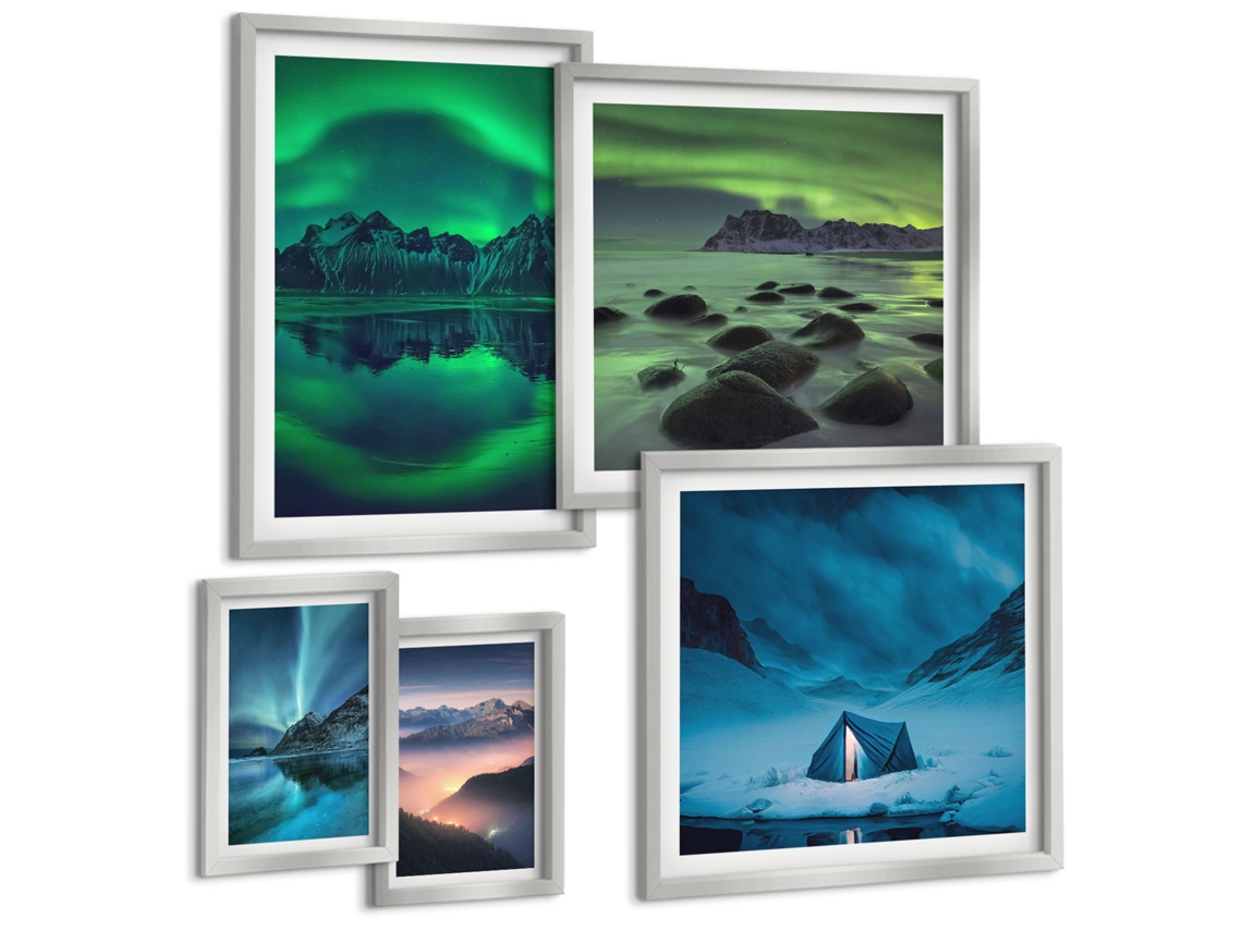 Um Conjunto De Imagens Decorativas Em Uma Moldura Limões, Galhos, Folhas Azuis Moldura Prateada Pinturas De Quarto Espelharte (conjunto De 5 Imagens)