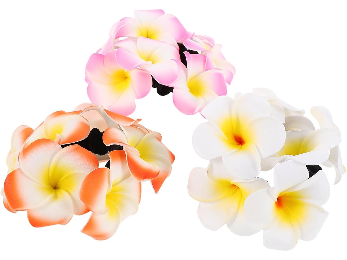 Conjunto de 3 elásticos de cabelo coloridos com espuma em formato de flor de plumeria.